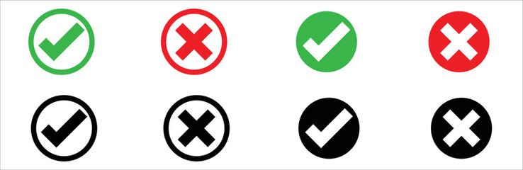 Green check mark, red cross mark icon set. Check mark and cross icons in circle. Isolated. Vector illustration. symbol