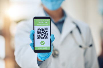 Doctor covid travel, vaccine passport on smartphone and vaccination certificate. International immigration, digital health innovation app, qr code technology and airport security regulation check