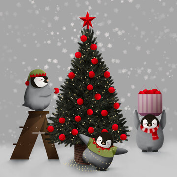 Three cute penguins decorating a Christmas tree