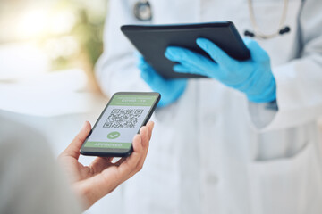 Digital covid vaccine qr code, phone immunity certificate and healthcare passport for medical doctor to check at clinic test site. Hands, mobile app and booster shot, wellness data and risk identity