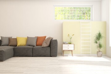 White living room with sofa. Scandinavian interior design. 3D illustration