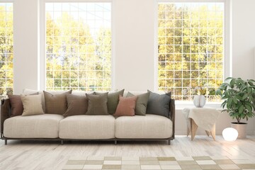 Stylish room in white color with sofa and autumn landscape in window. Scandinavian interior design. 3D illustration