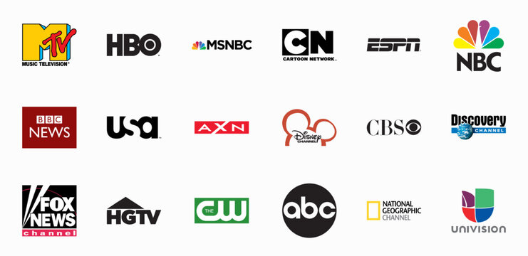 Vecteur Stock Most Popular TV Channels logo collection: HBO, NBC, MTV Music  Television, Cartoon Network, AXN, ESPN, BBC News, Fox News Channel,  Editorial vector illustration. | Adobe Stock