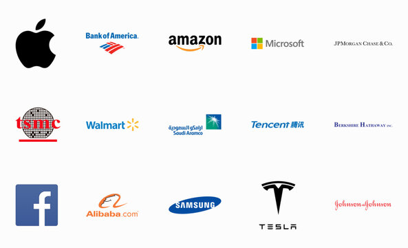 World most popular Companies logo collection: Apple, Amazon, Microsoft, Saudi Aramco, Facebook, Tesla, Alibaba.com, Walmart, Samsung, Editorial vector illustration.