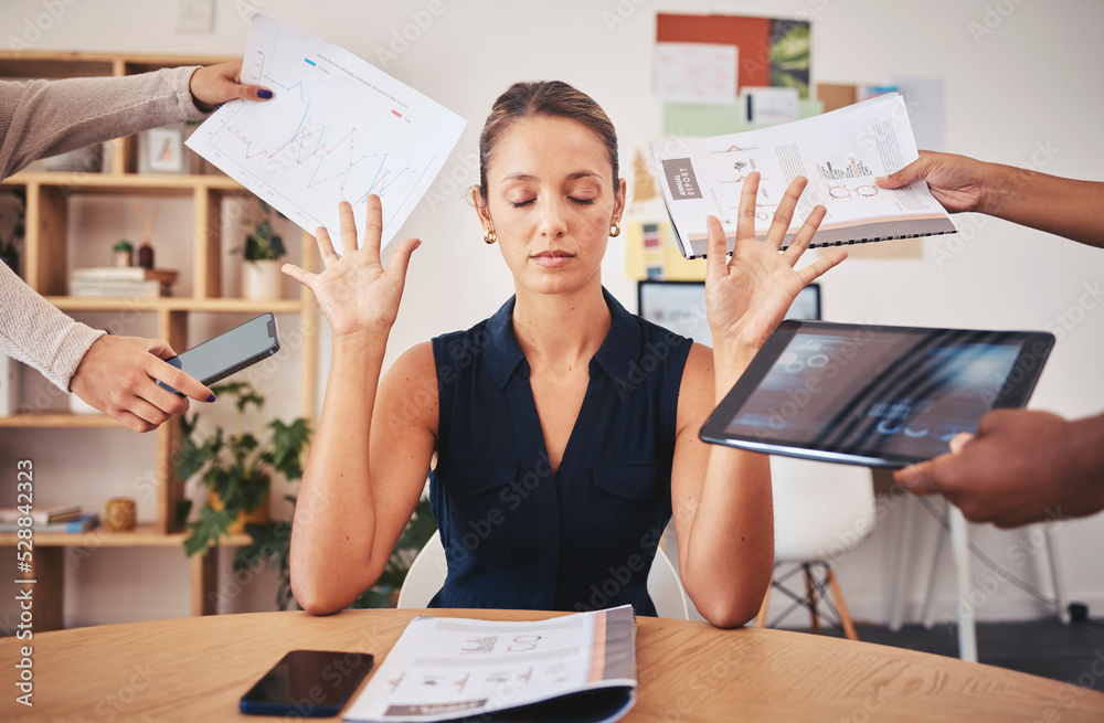 Poster Burnout, stress and business woman overworked from too much, work overload and pressure marketing corporate company. Time management, frustrated and tired employee in digital agency office building