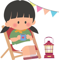 Camping girl on deck chair drinking hot cocoa