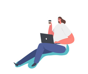 Female Character Work on Laptop with Cup of Coffee in Hand Isolated on White Background. Woman Freelancer Work on Pc