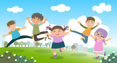 Kids. Boys and girls plays and jump on a bright lawn. Vector i
