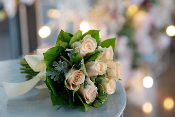 Wedding flowers, bridal bouquet close-up. Ornament of roses and ornamental plants, close-up, selective focus, nobody, objects