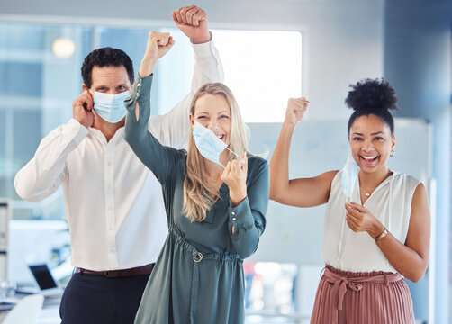Business people, covid or taking off face mask in teamwork success after lockdown or global pandemic disease. Compliance portrait of happy, cheering or office diversity celebration for man and women