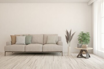 White living room with sofa. Scandinavian interior design. 3D illustration