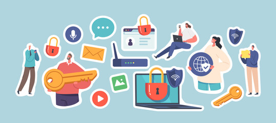 Set of Stickers Internet Safety, Computer Privacy, Data Protection, Virtual Private Network. Characters Work on Laptop