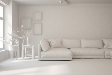 White minimalist living room with sofa. Scandinavian interior design. 3D illustration