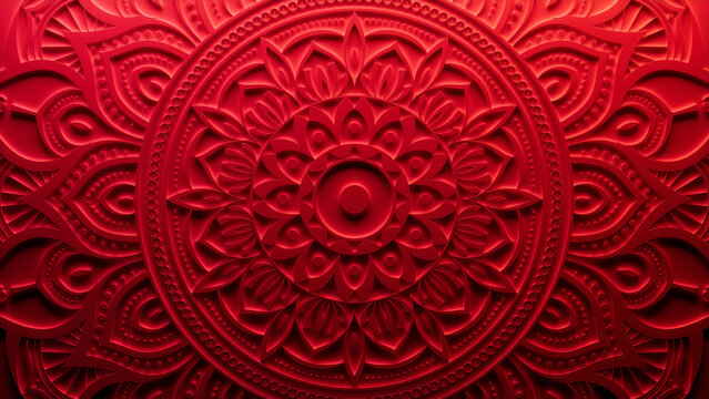 Red Surface with Extruded Ornamental Design. 3D Diwali Celebration Wallpaper.