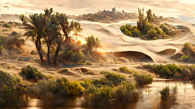 Artistic concept of painting a beautiful landscape of wild desert nature, background illustration, tender and dreamy design.   