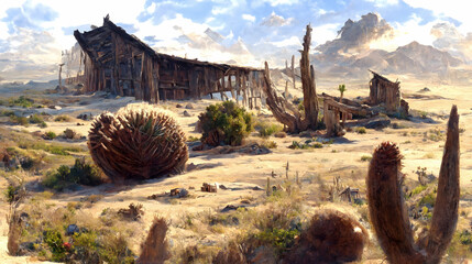 Fototapeta premium Artistic concept of painting a beautiful landscape of wild desert nature, background illustration, tender and dreamy design. 
