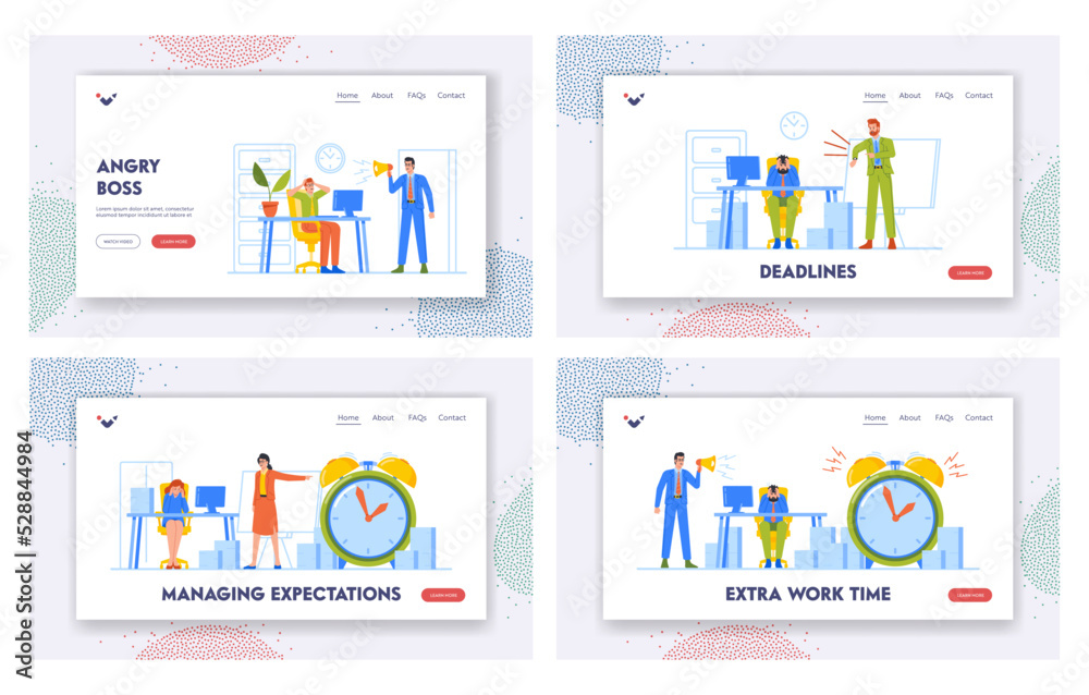 Wall mural work deadline landing page template set. angry boss yell in loudspeaker and showing time with busine
