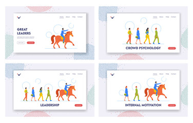 Obraz na płótnie Canvas Leadership Landing Page Template Set. Businessman Riding Horse Leading Group of Colleagues. Successful Leader Character