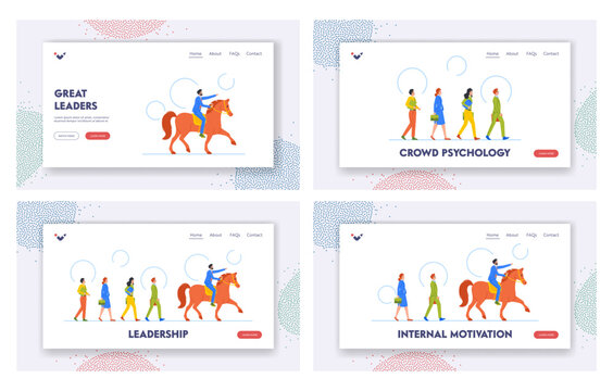 Leadership Landing Page Template Set. Businessman Riding Horse Leading Group of Colleagues. Successful Leader Character