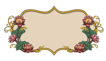 Pink Lotus Flowers with Green Leaves Border or Frame, Greeting Card Template. Hand Drawn Botanical Illustration.