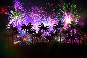 Obraz premium Digitally generated palm tree background with fireworks