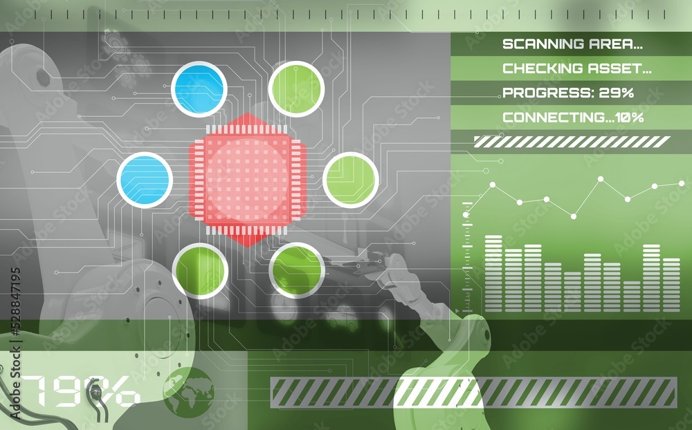 Fototapete digital composite image of shapes and text with graphs on screen