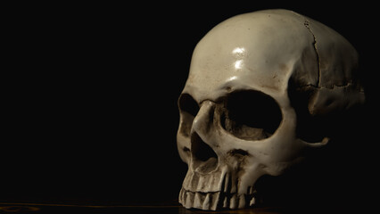 Halloween, Human skull on old wood table in front of black background