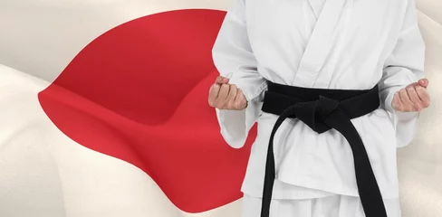 Photo sur Plexiglas Arts martiaux Midsection of martial artist standing against Japanese flag