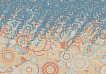 Abstract psychedelic background with circles and lines of various widths in retro optical illusion style.