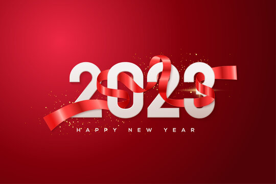 2022 happy new year with red ribbon wrapped around the numbers
