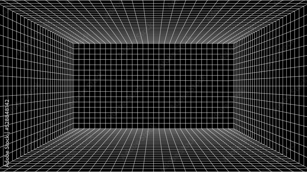 Poster Abstract 80s styled computer background. Sci-fi architecture interior with retro lines. Synthwave or retrowave grid room.