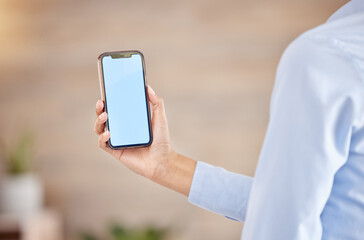 Phone mock up, white screen and contact us website in a hand of a business woman for advertising or digital marketing. 5g wireless internet network promo offer with brand logo or mobile app