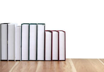 new books on a wooden table on transparent background png file