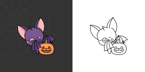 Cute Halloween Bat Clipart for Coloring Page and Illustration. Happy Clip Art Halloween Flittermouse. Cute Vector Illustration of a Kawaii Halloween Animal and Pumpkin.
