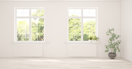 White empty room with summer landscape in window. Scandinavian interior design. 3D illustration