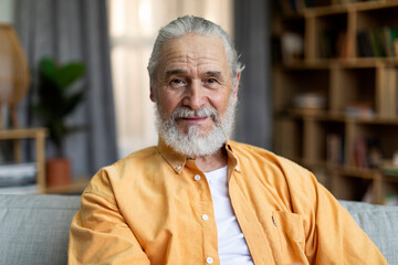 Closeup portrait of handsome senior man posing at home