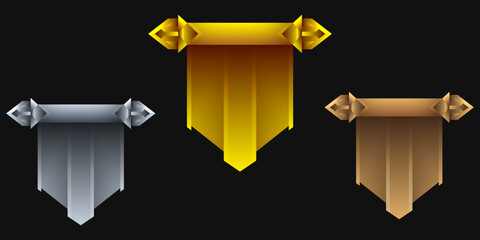 Fantasy game level pennant flag badges with gold, silver and bronze for game ui design