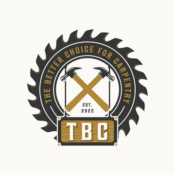 Professional carpenter logo design, carpentry logo emblem vector design with hammer vector illustration, circular blade, premium quality