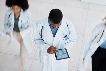 Doctor, digital tablet test and medical worker with research lab data on technology in busy...