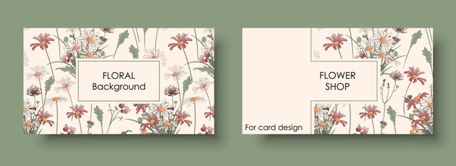 Card template with vector floral background. Illustration of wildflowers, chamomile, leaves, grass. For a flower shop postcards, invite design, greeting card, gift card, name card.