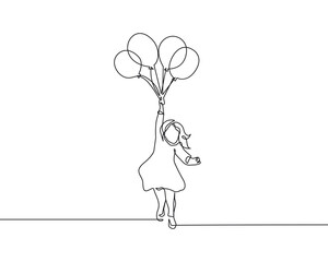 Happy Girl with Balloons Continuous Line Drawing. Little Girl Silhouette Black Sketch on White Background. Happy Kind Line Art Drawing. Vector Illustration.