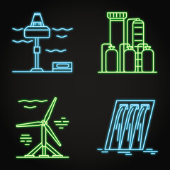 Renewable energy production neon icon set