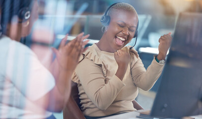 Call center, black woman and celebrating promotion or success in customer service at the workplace. Happy telemarketing agent or employee celebrate win or victory for best desktop support in office.