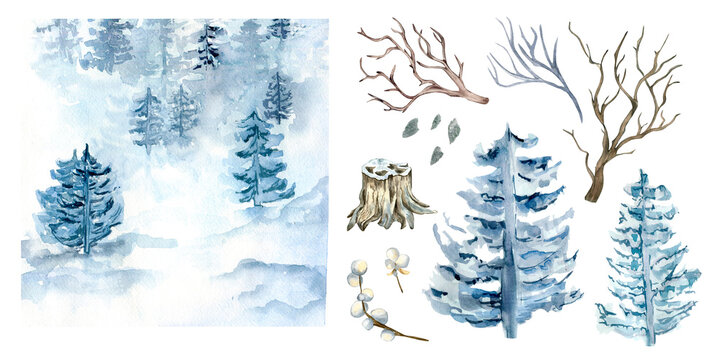 Set of Christmas forest watercolor illustration isolated on white background.