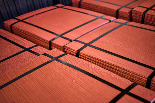 Piles of cathode copper plates at metal purification plant