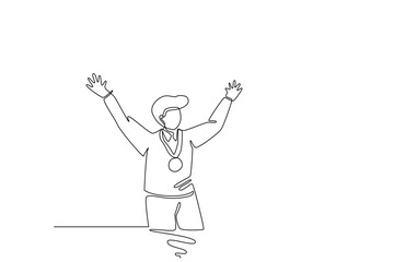 simple line illustration of winner celebration. one line concept of winner in sport or tournament and gold medal and first champion celebration.