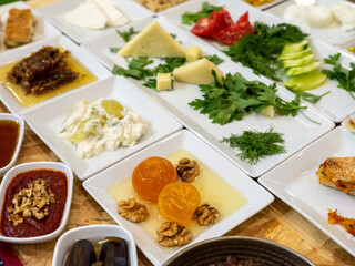 Breakfast table. Traditional Siirt breakfast dishes, top view