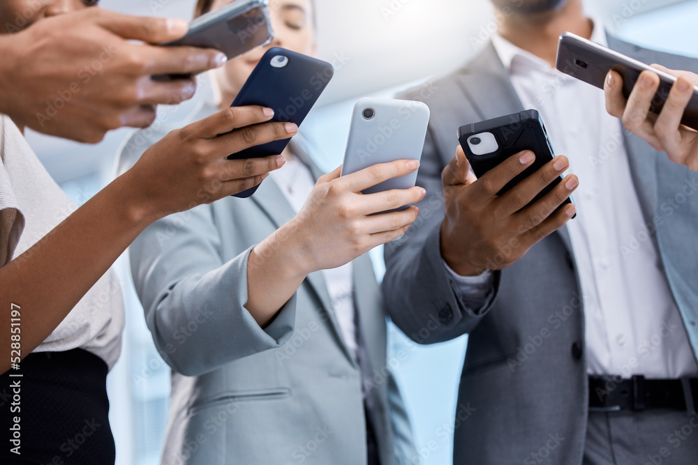 Poster Digital, phone and wifi by tech business people connected via the internet using an online app. Various, many and lots of devices using a website or the web in a technology company or IT agency