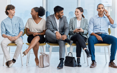 Business communication, team conversation and talking of corporate staff waiting for an interview. Happy discussion of office workers on lunch relax before a job recruitment and hiring opportunity