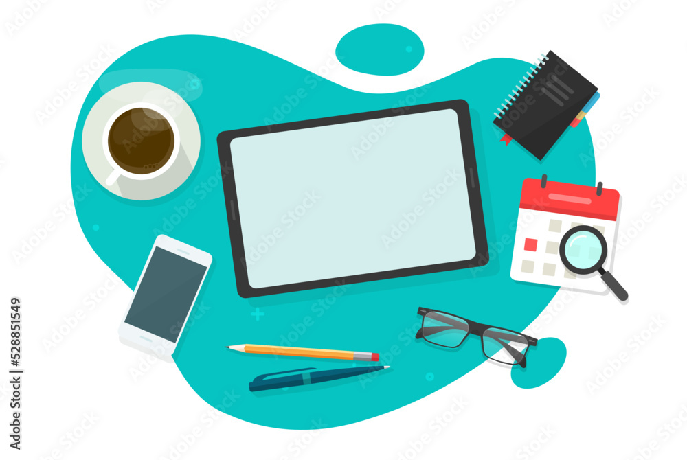 Poster table desk with tablet computer mockup screen blank empty vector top view or workdesk tabletop using